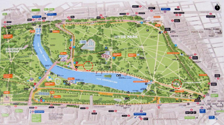 Plan of Hyde Park (royalparks.org.uk) showing the location of The Cockpit and the Bandstand
