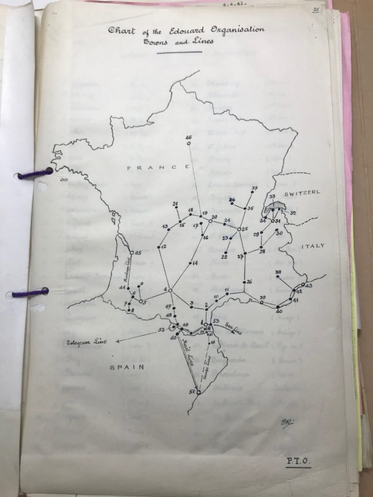 Egbert’s hand drawn map of the Edouard Organisation, including towns and communication lines.