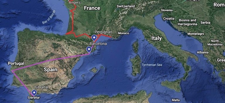 A map from Google Earth mapping the travel points of Egbert's journey.