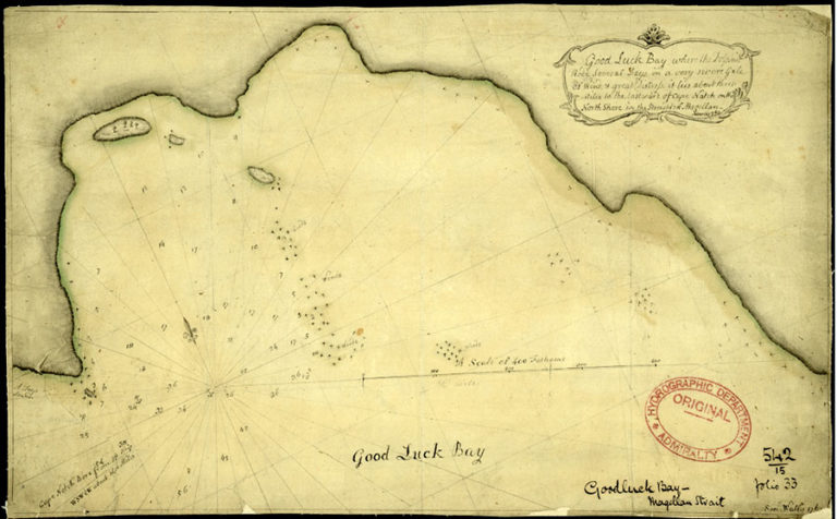 Map of Chile: Straits of Magellan (Estrecho de Magallanes): 'Good Luck Bay'. By Samuel Wallis, 1767.