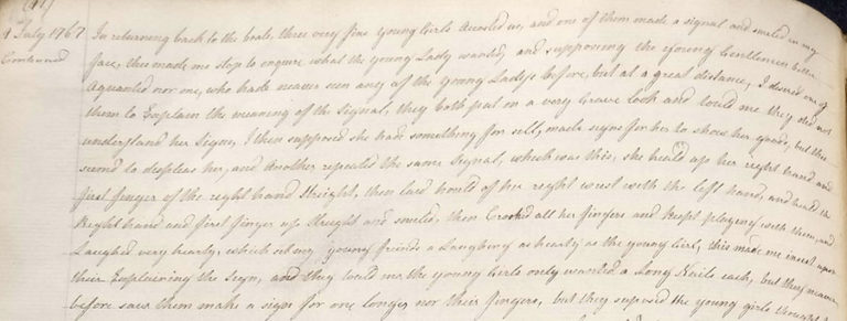 Captains' logs: EXPLORATIONS: DOLPHIN (5) G. Robertson, folio 190: George Robertson describes an encounter with some Tahitian women.