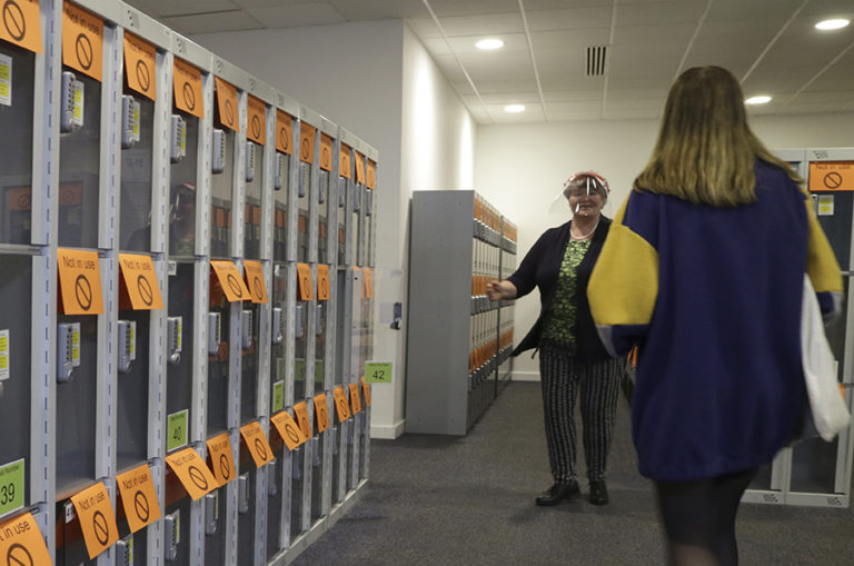 Storage lockers for members of the public are now spaced out.