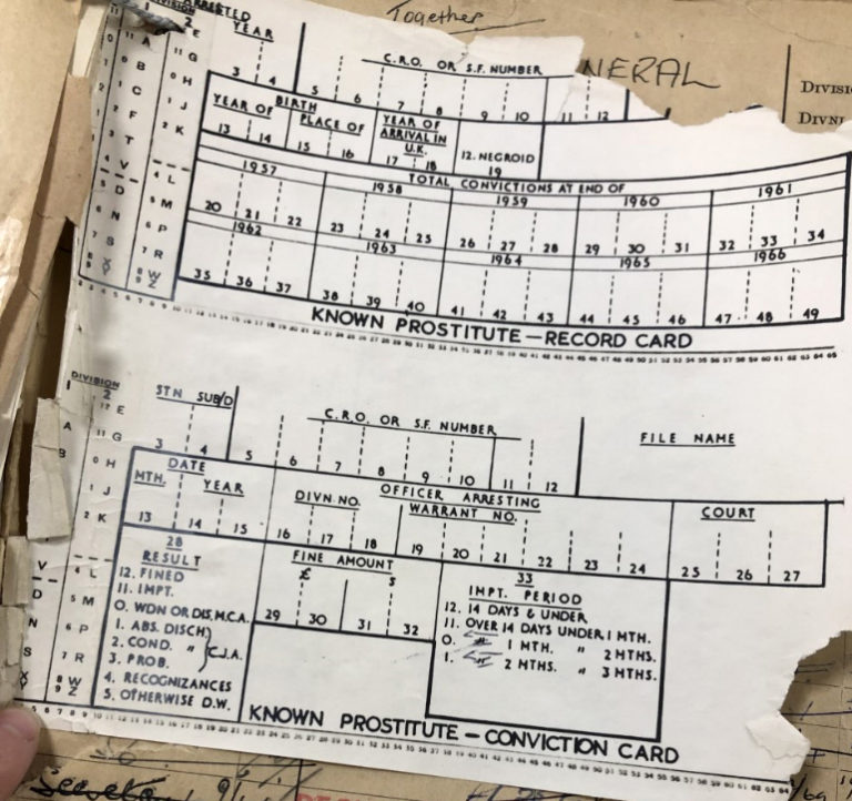 An example of the statistical nature of the records are these ‘known prostitute’ record and conviction cards, which were used to record the levels of sex work by the Metropolitan Police in the build up to the 1959 Street Offences Act.