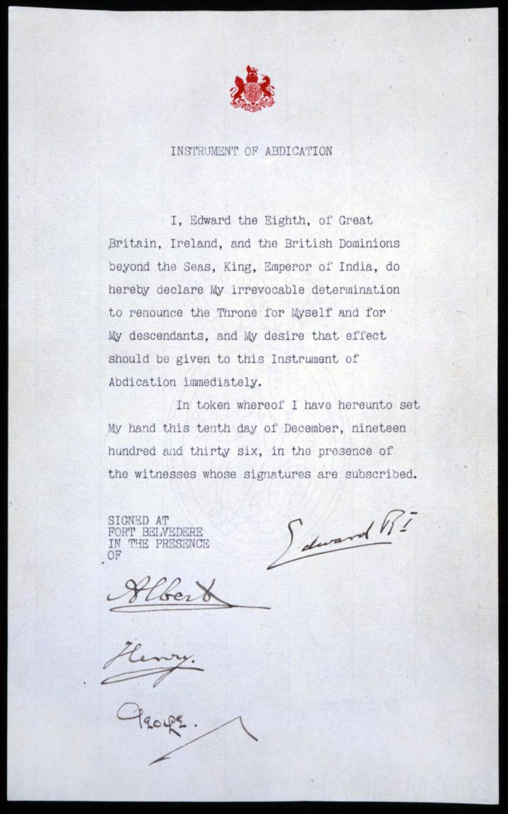 Instrument of Abdication of Edward VIII, 1936.