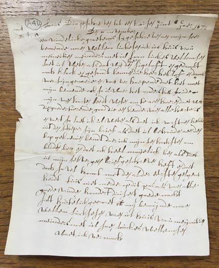 Letter from Mijntje Meyderts to her husband Willem Luckassen, November 1672, written in Dutch.