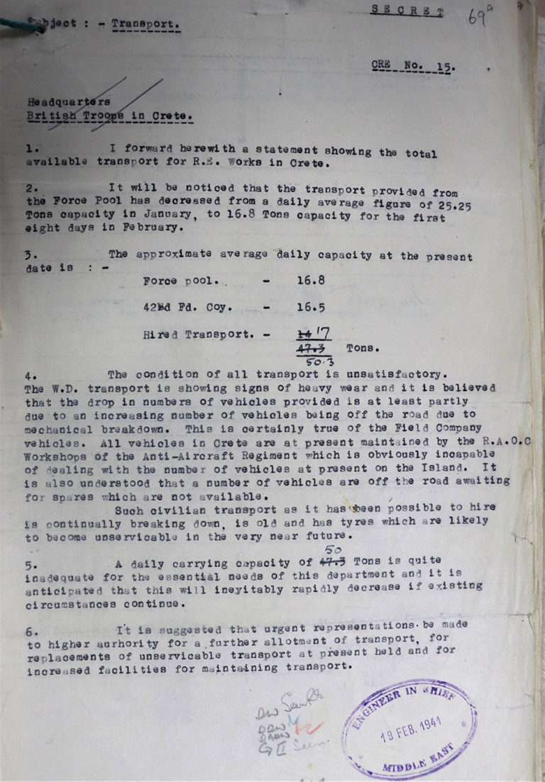 Typed document detailing problems with vehicles in Crete, February 1941.