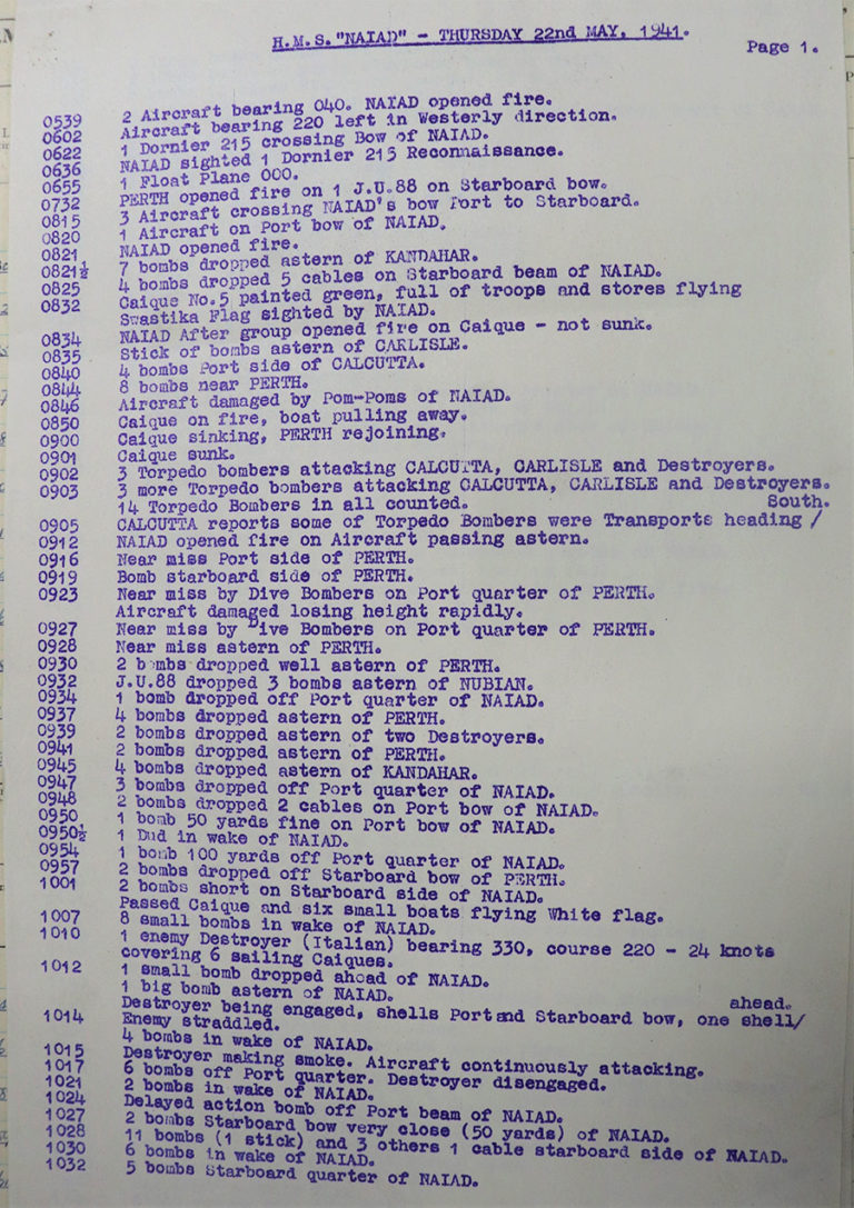 Page from the HMS Naiad log book, 22 May 1941.