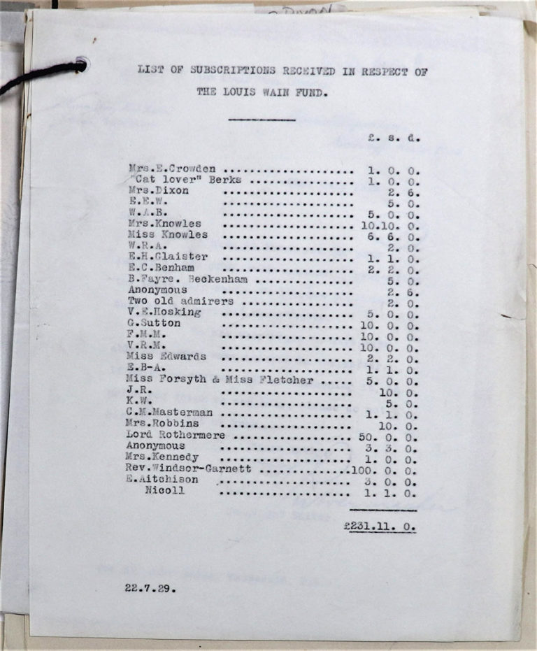List of subscriptions received in respect of the Louis Wain Fund, 22 July 1929.