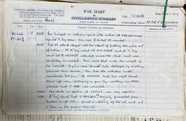 War diary entry of 3rd Gold Coast Regiment for 7 March 1945, detailing the battalion's capture of three Japanese guns.