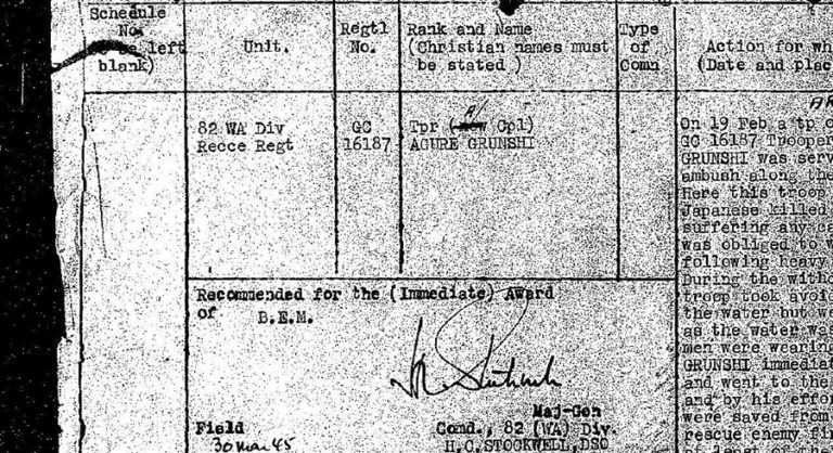 Document showing recommendation of Agure Grunshi for Military Medal, 1945.