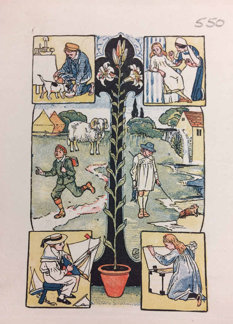 Illustrations by Walter Crane for Nellie Dale’s ‘Steps to Reading’, 1899. Registered for copyright by J M Dent.