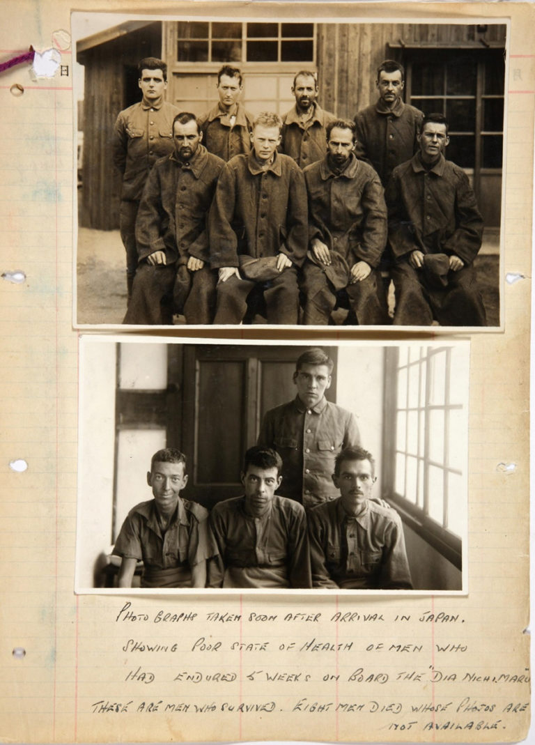 Page from a notebook with explanatory text and two photographs of British and Allied POWs photographed shortly after arrival in Japan on board the SS Dianichi Maru, a Japanese ‘hell ship’ used for transporting Allied prisoners of war. Eight of their comrades perished on the voyage.