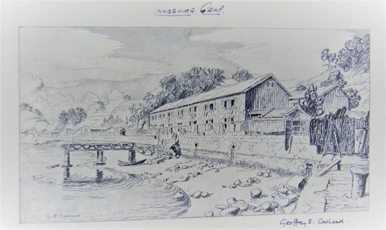 Detailed line drawing of Hiroshima No. 2 Prisoner of War Camp, Innoshima Island, by Geoffrey S. Coxhead.