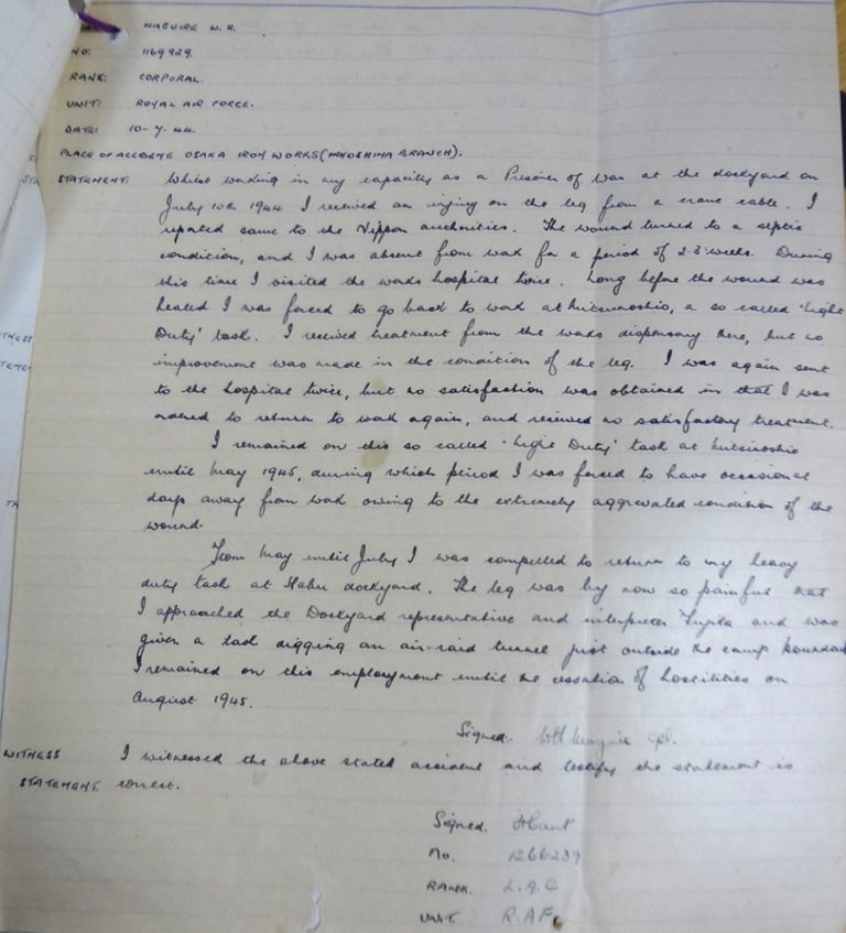 Handwritten witness statement of RAF Leading Aircraftman W H Maguire regarding injuries sustained while working at the Osaka Iron Works Company, along with treatment received.