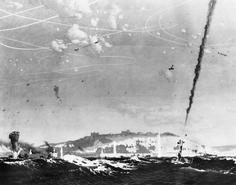 Black and white painting of the English coastline with RAF and Luftwaffe aircraft in conflict in the skies. The painting is ‘Battle of Britain’, by Charles Pears, 1940-1945.