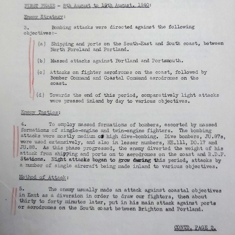 An excerpt from Page 1 of the report from Air Vice-Marshal Keith Park, Air Officer Commanding, No. 11 Group, to RAF Fighter Command – ‘German air attacks on England – 8 Aug to10 Sept.’