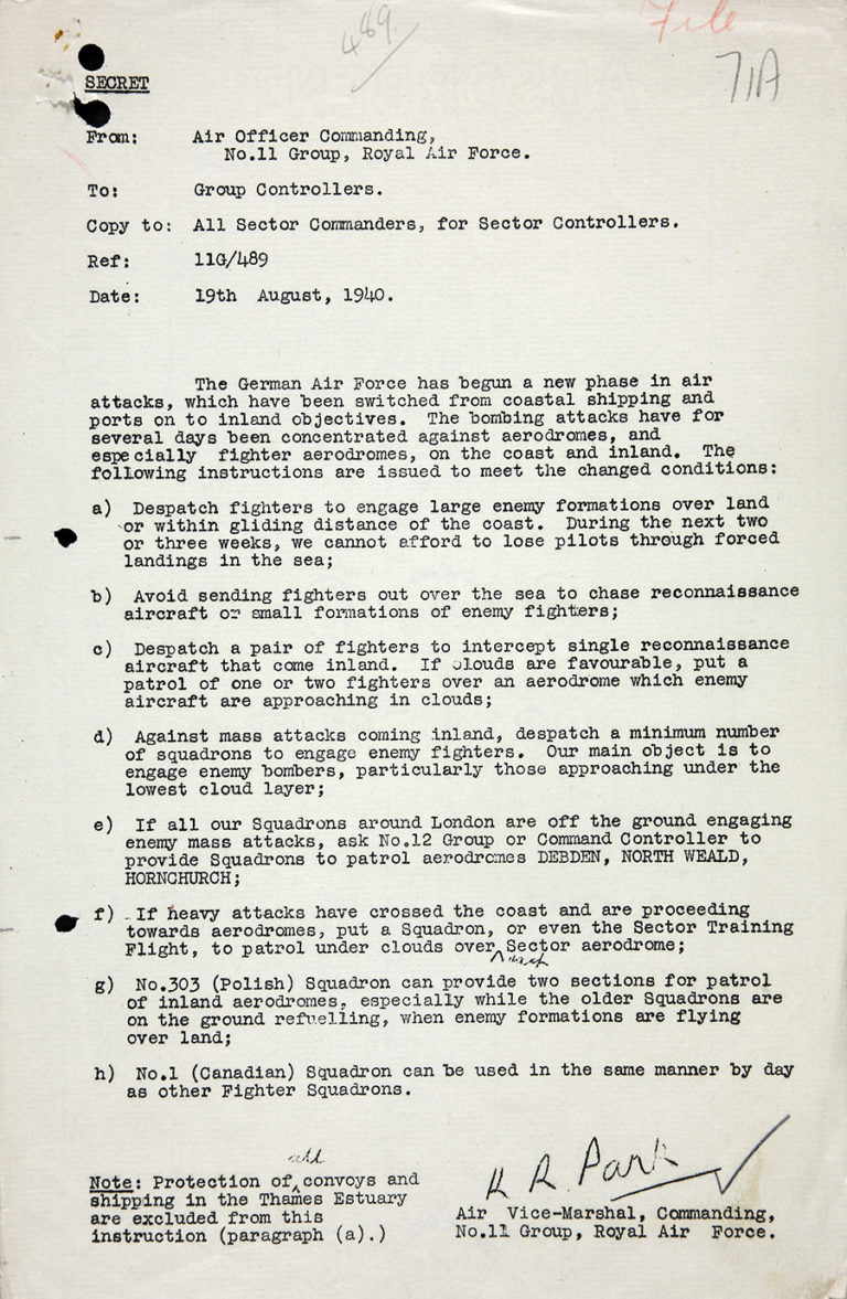 Memorandum of instructions from Air Vice-Marshal Park to all Group and Sector Controllers of No. 11 Group – ‘Luftwaffe against fighter aerodromes’, 19 August 1940.