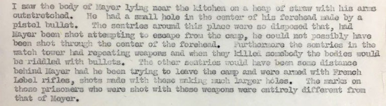 Extract from Exhibit ‘A’ (38): Sworn affidavit of Max Markowicz concerning the death of Keith Mayer, taken by Major H H Cochrane at Bergen-Belsen, 4 May 1945.