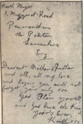 Letter from Able Seaman Keith Mayor to his parents at Margaret Road, Preston; also reproduced for the Sunday Express article detailing his murder, 17 June 1945.