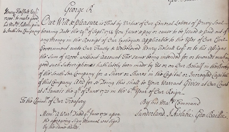 George I’s subscription to South Sea Stocks.
