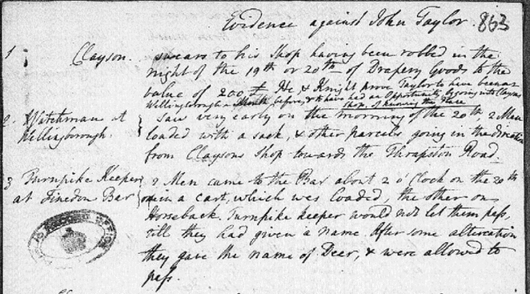 A handwritten note detailing the evidence against a man named John Taylor.