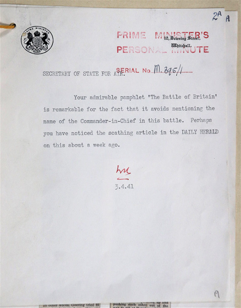 A typed letter from Winston Churchill, in the Battle of Britain' pamphlet dated 3 April 1941.