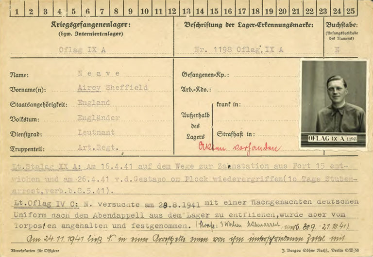 Page one of Lieutenant Airey Neave's prisoner of war card. It shows lines of typewritten text in German, with a small black and white photograph of Neave in uniform.