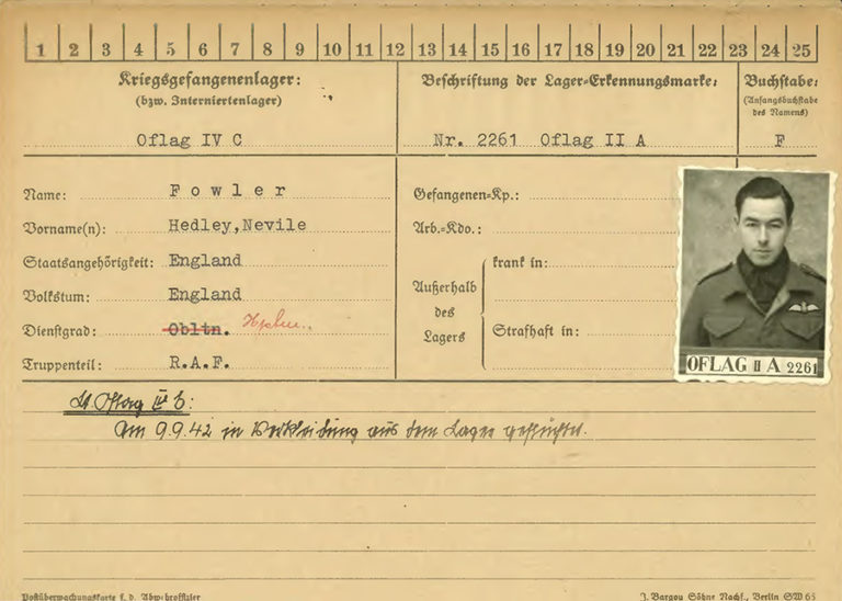 Flight Lieutenant Hedley Fowler’s prisoner of war card with reference to his escape date of 9 September 1942.