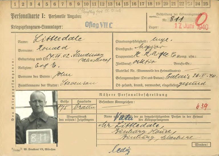 Lieutenant Colonel Ronald Bolton Littledale’s prisoner of war card.