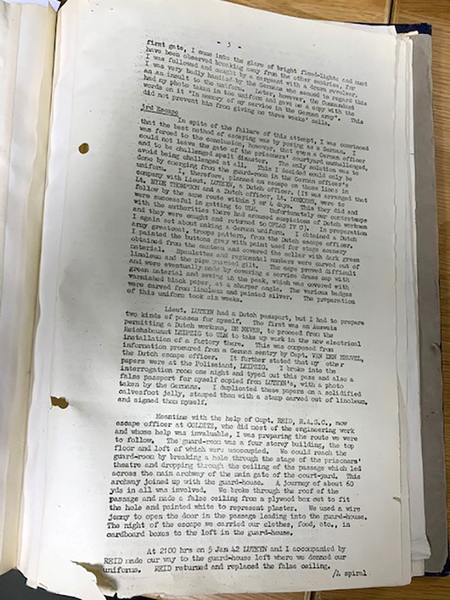 A single page page from the typed transcript of Lieutenant Airey Neave's account of his escape from Colditz. It confirms that he and Lieutenant Luteyn impersonated German officers with forged papers.