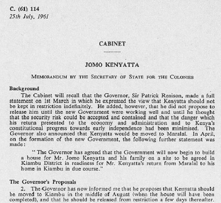 Cabinet memorandum from Iain Macleod, Secretary of State for the Colonies, on the changing terms of detention of Jomo Kenyatta, with Kenyan independence close at hand, July 1961.