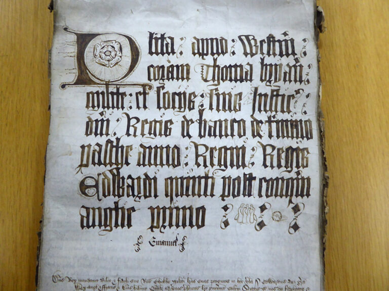 Plea roll of the Court of Common Pleas for Easter term 1483, one of only two rolls from Edward’s reign. The royal justices of both Common Pleas and King’s Bench were re-appointed shortly after Edward’s succession.