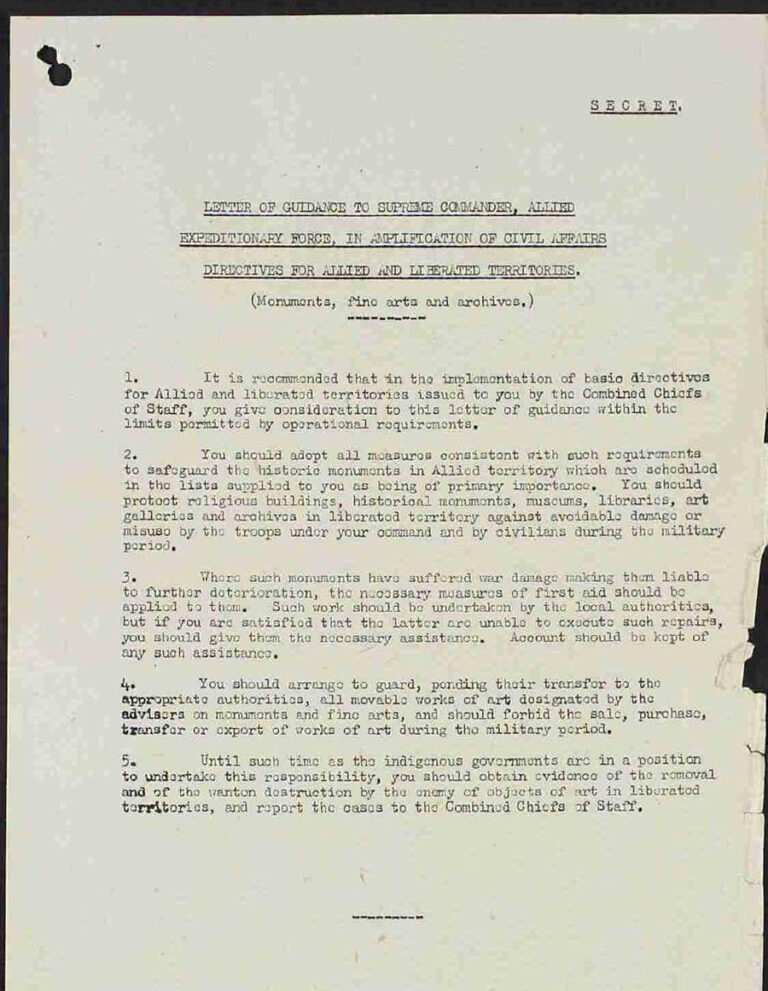 The heading of this typed letter reads Letter of guidance to Supreme Commander, Allied Expeditionary Force in Amplification of Civil Affairs Directives for Allied and Liberated Territories (Monuments, fine arts and archives).