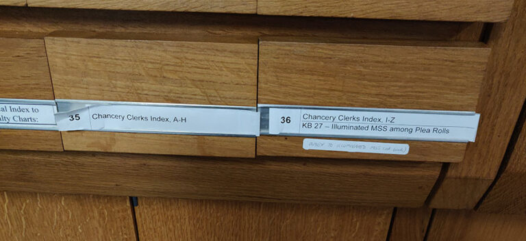 Labelling for the Chancery Card Index drawers found in the Map Room at The National Archives.