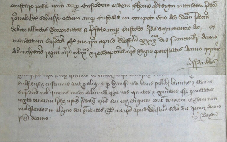 Writs authorised by Thomas Bayen and John Faukes, enrolled in the memoranda roll for 1470-71. Their names can be seen in the bottom writ of each writ, a form of ‘signature’ authorising the contents.