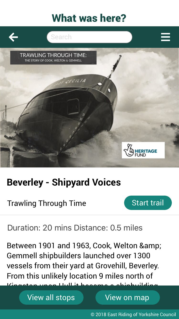 Screenshot of Beverly Shipyard Voices with heading Trawling through Time.