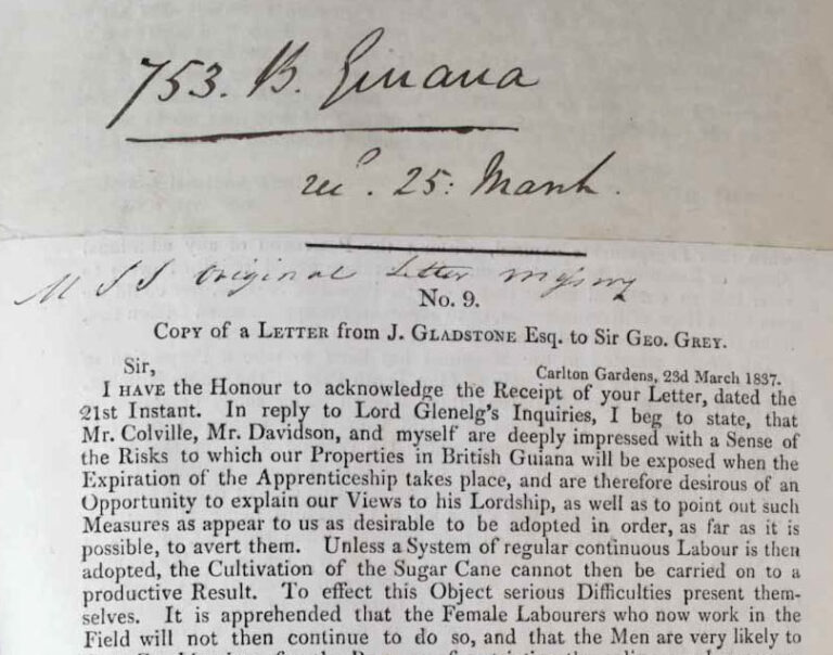 Letter from John Gladstone to Sir George Grey, Assistant Secretary at the Colonial Office, 25 March 1837.