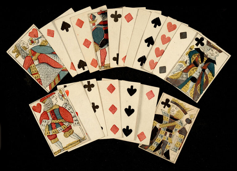 A selection of hand-coloured playing cards with promissory notes for ships' supplies dated 1755 to 1756.