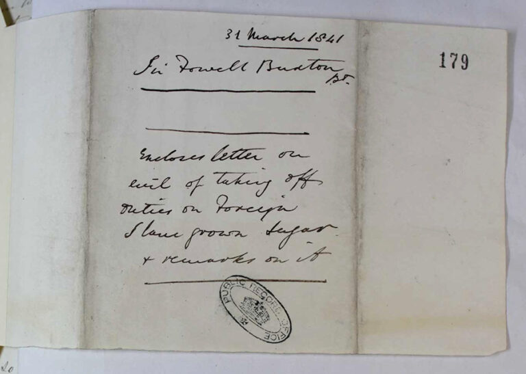 Abolitionist Thomas Buxton’s letter appealing against the introduction of cheap ‘slave’ grown sugar into the domestic market.