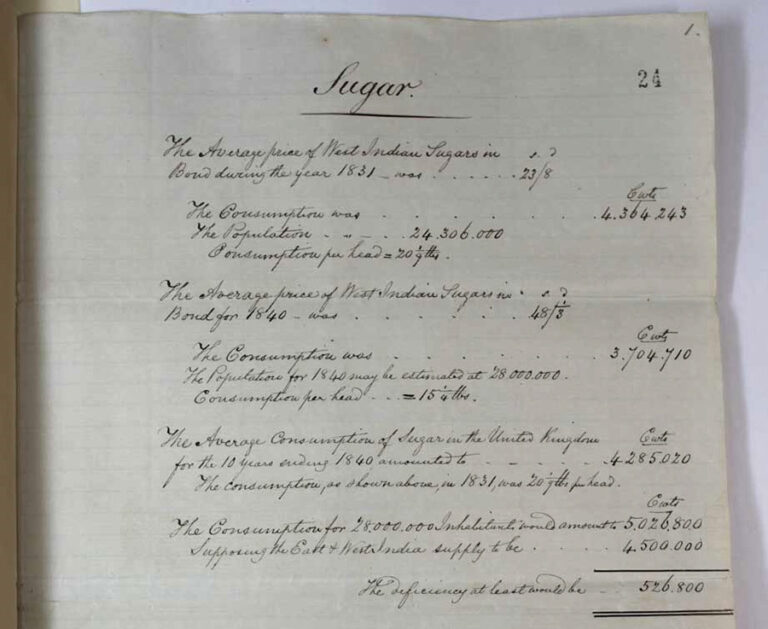 Russell’s handwritten calculations on the costs of West Indian free labour sugar.