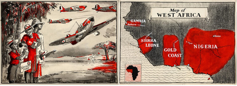 On the left a painting of a family watching Spitfire planes flying in the air, and on the right a map of West Africa highlighting the countries Gambia, Sierra Leone, the Gold Coast and Nigeria.