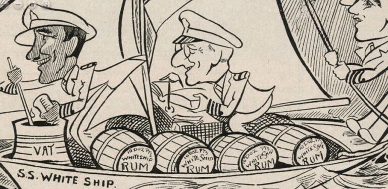 A cartoon from Planters Punch 1930 Volume 2 Number 4, p.42 showing three men in a boat called SS White Ship laden with rum.