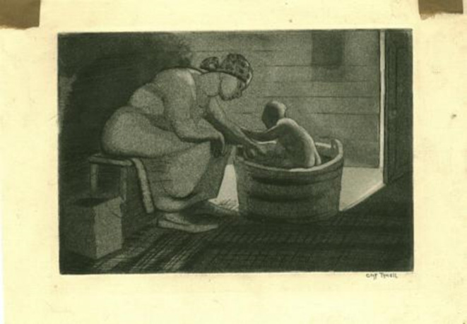 Painting of a mother bathing a baby in a wooden tub.