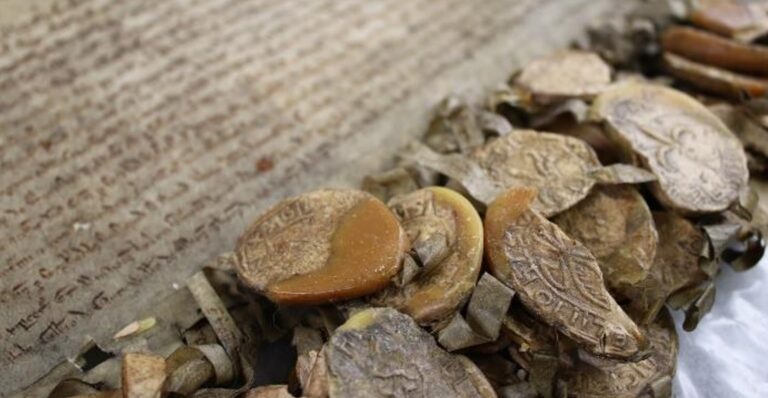 Example of a parchment document with many wax seals from The National Archives' collection.