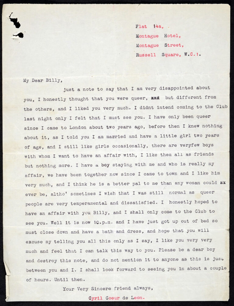 One-page letter written by Cyril Coeur de Leon to ‘My Dear Billy’ in 1934.