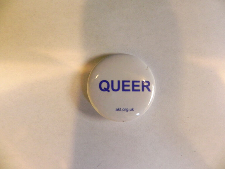 A pin badge with blue wording on a white background that says 'Queer'.