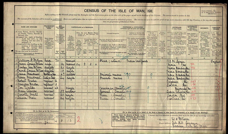 Picture of a document titled 'Census of the Isle of Man, 1911'. This is a census record that shows that on 2 April 1911, aged one, Bader is resident in Ramsay, the Isle of Man, with his older brother Robert, staying with his Auntie and Uncle.