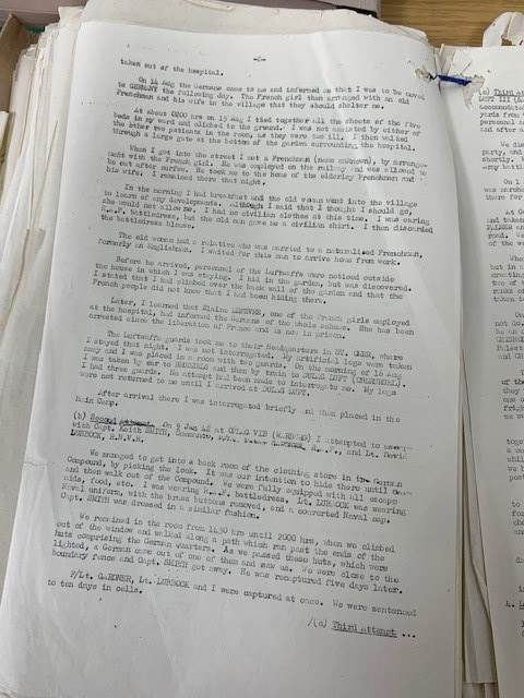 The photograph shows a typed page from Bader’s account of his attempted escapes from the hospital at St Omer on 15 August 1941.