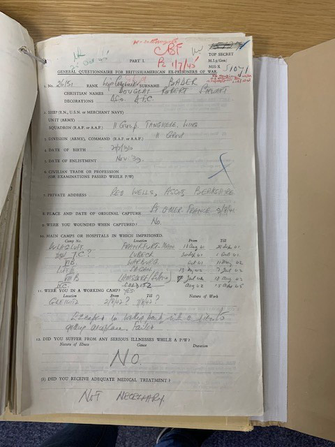 Bader’s liberation questionnaire completed on 18 April 1945.