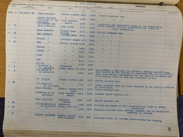 Operational record book for 616 Squadron, reporting the loss of Wing Commander Bader and his aircraft on 9 August 1942.